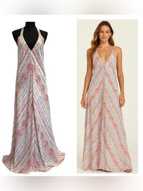 OLIVACEOUS White multicoloured halter low back maxi dress Sz S NWT